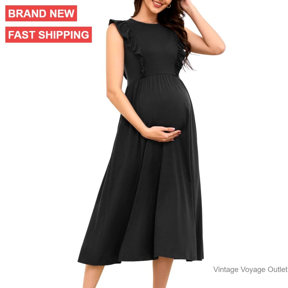 Sleeveless Maternity Nursing Dress With Hidden Zipper, Ruffled Midi